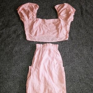 Two Piece Crop Top Pants Set Pink and White Strips